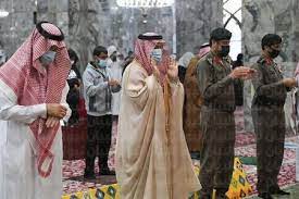 A group of worshipers perform the rain prayer in the Prophet's Mosque